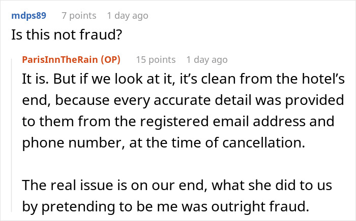 Reddit discussion on MIL canceling honeymoon, user questions fraud and response clarifies the issue with hotel booking details.
