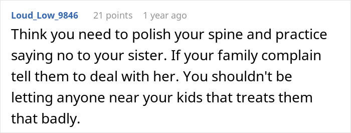 Comment advising woman on handling entitled sister regarding Easter vacation plans.