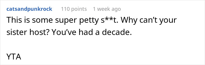 Screenshot of a Reddit comment discussing quickly shutting down a sister after trying to change tradition, expressing disagreement. Screenshot of a Reddit comment discussing quickly shutting down a sister after trying to change tradition, expressing disagreement.