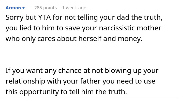 Reddit comment discussing a mom asking her son for cash after stealing his college fund and his response about owed money.