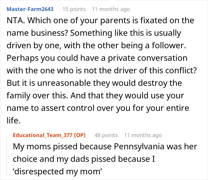 Reddit discussion on secret name change, featuring comments about parental conflicts and personal autonomy.