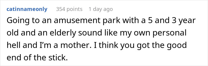 Reddit comment discussing vacation spot situation and parenting challenges.
