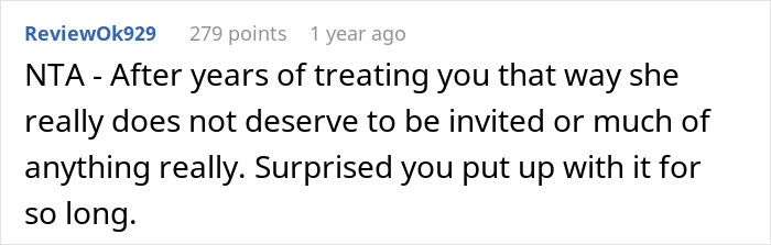 Comment discussing a woman's decision not to invite her entitled sister on Easter vacation.