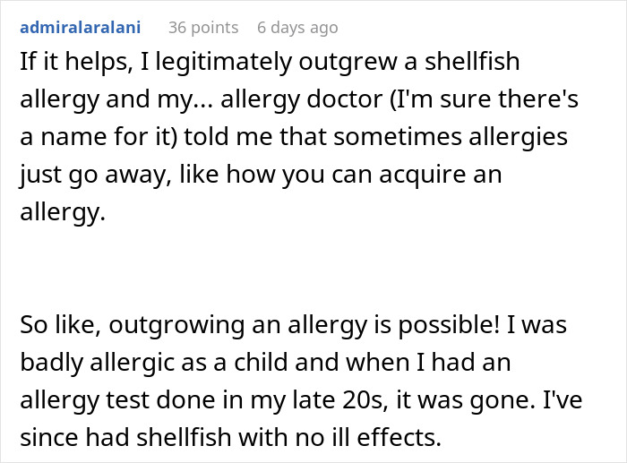 Text discussing outgrowing a shellfish allergy, mentioning allergy doctor's advice and personal experience with allergy tests.