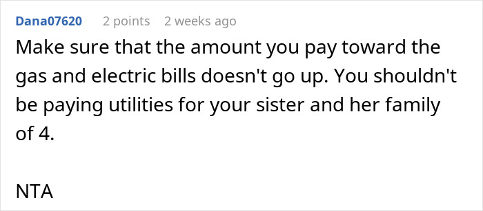 Reddit comment discussing babysitting nephews and utility bills for sister's family. Reddit comment discussing babysitting nephews and utility bills for sister's family.