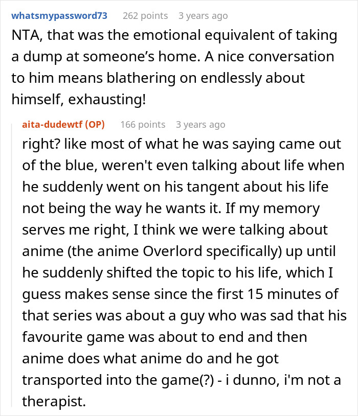 Reddit exchange where a woman responds, "I'm not a therapist," after a guy overshares during a conversation.