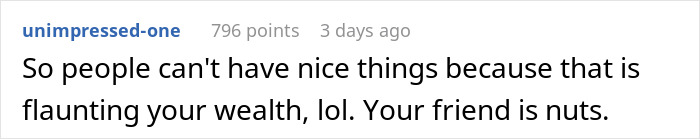 Comment criticizing friend for accusing woman of flexing wealth after buying swing set for her kid.