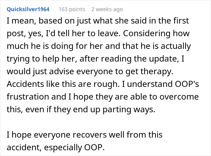 Comment discussing a woman furious about bearing physical consequences of an accident her fiancé caused. Comment discussing a woman furious about bearing physical consequences of an accident her fiancé caused.