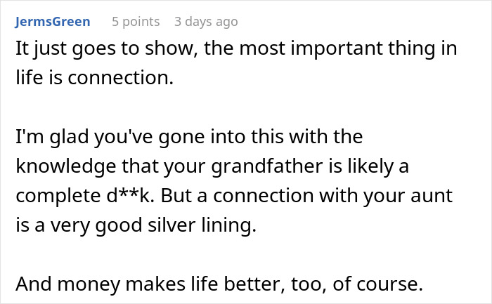 Screenshot of an online comment discussing the importance of connection when looking up a long-lost grandfather for inheritance.