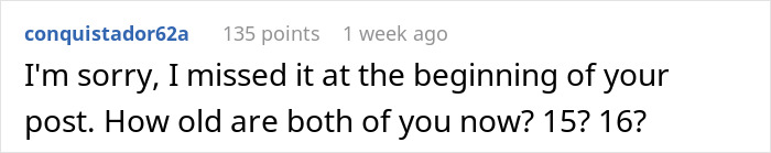 Commenter asking about the ages of siblings in a discussion about changing tradition quickly shutting down sister. Commenter asking about the ages of siblings in a discussion about changing tradition quickly shutting down sister.