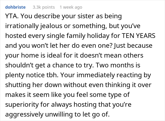 Text comment about quickly shutting down sister trying to change tradition, reflecting family holiday hosting conflicts. Text comment about quickly shutting down sister trying to change tradition, reflecting family holiday hosting conflicts.