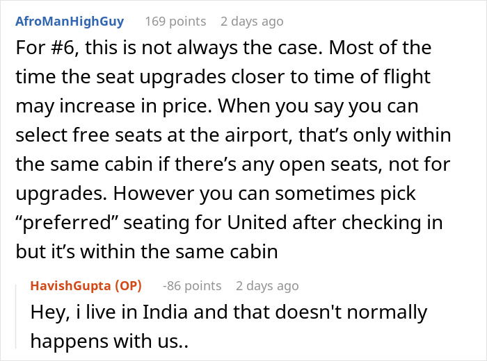 User comments on flight seat upgrades and availability, discussing affordable flights strategies.
