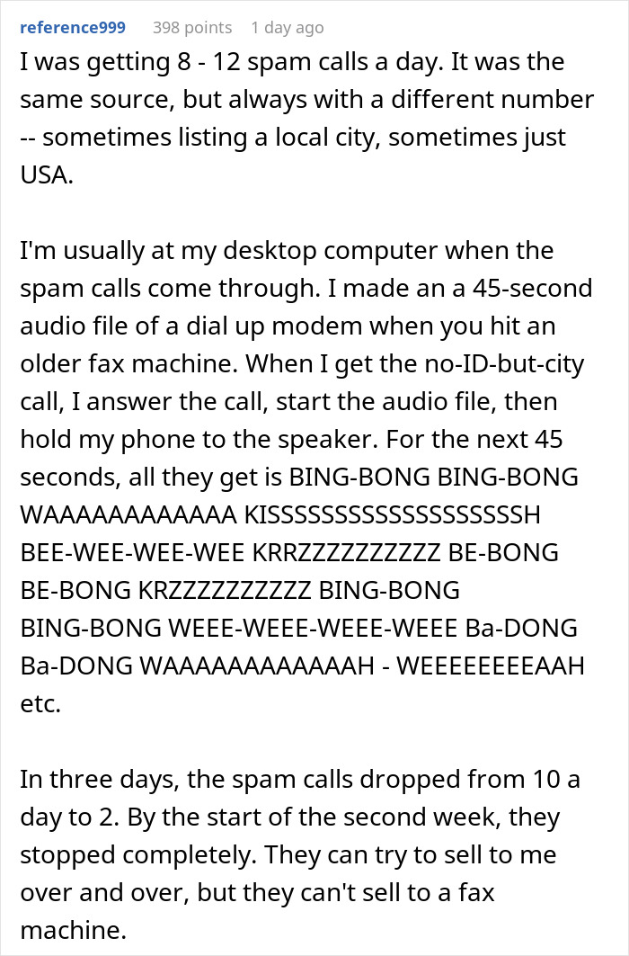 Man uses fax machine sounds to deter spam callers effectively.