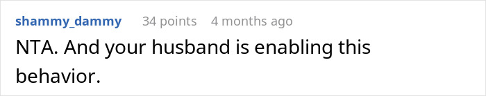 Reddit comment criticizing husband for enabling mother-in-law's behavior about becoming a grandma.