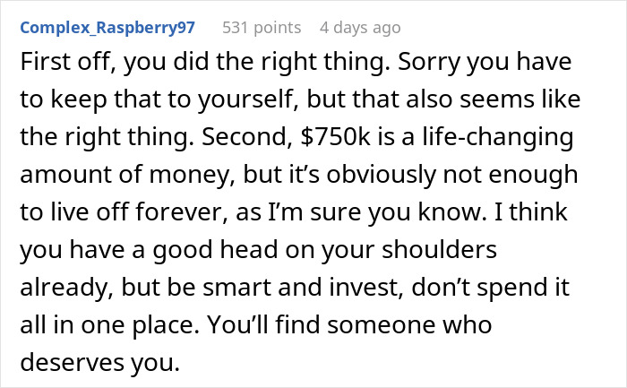 Text reply discussing breakup, energy, money advice, and investment tips.