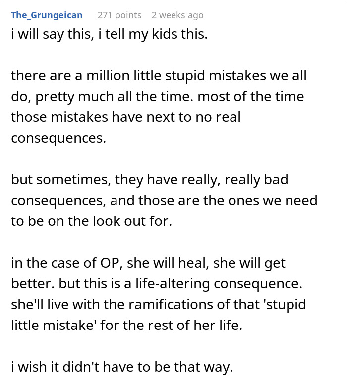 Comment discussing the physical consequences a woman endures after an accident caused by her fiancé. Comment discussing the physical consequences a woman endures after an accident caused by her fiancé.