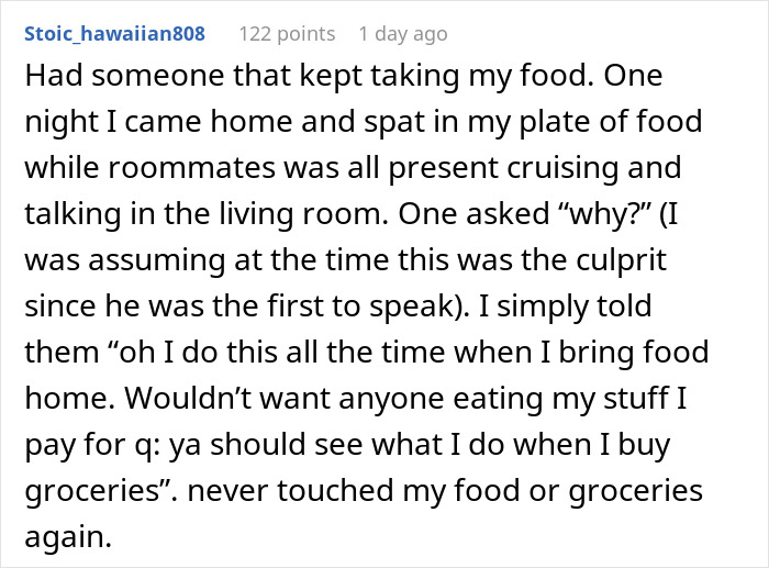 Text about a man frustrated with his roommate stealing food, outlining a trap he set to stop it.