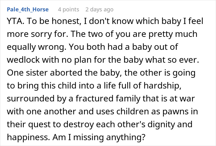 Reddit comment discussing a Christian sister's criticism of a woman's out-of-wedlock pregnancy. Reddit comment discussing a Christian sister's criticism of a woman's out-of-wedlock pregnancy.