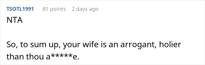 Comment critiquing a wife, calling her arrogant, in an online discussion. Comment critiquing a wife, calling her arrogant, in an online discussion.