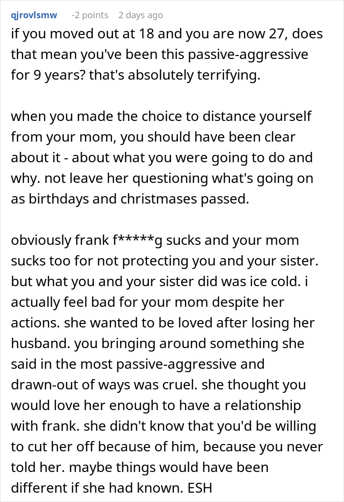 Reddit comment discussing family dynamics with controlling stepdad and passive-aggressive behavior. Reddit comment discussing family dynamics with controlling stepdad and passive-aggressive behavior.