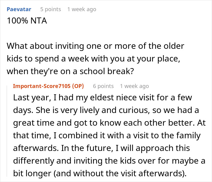 Discussion on visiting siblings and spending time with nieces and nephews during school breaks.