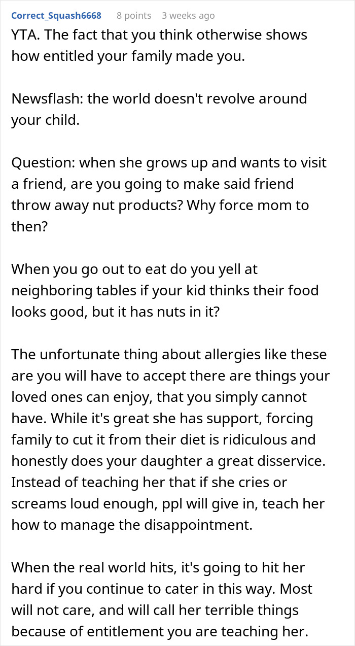 Screenshot of a Reddit comment discussing grandma threatening granddaughter&rsquo;s life over nuts and allergy reality check.