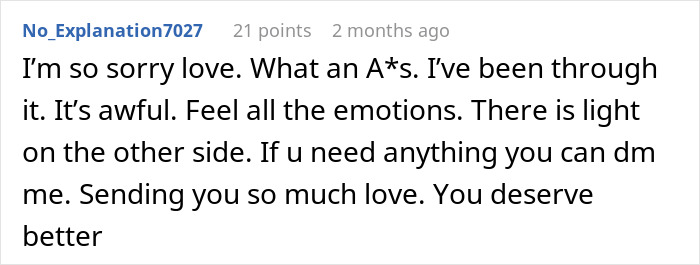 Screenshot of a supportive online comment expressing empathy after wife learns the truth about husband&rsquo;s late-night drinks with coworker.