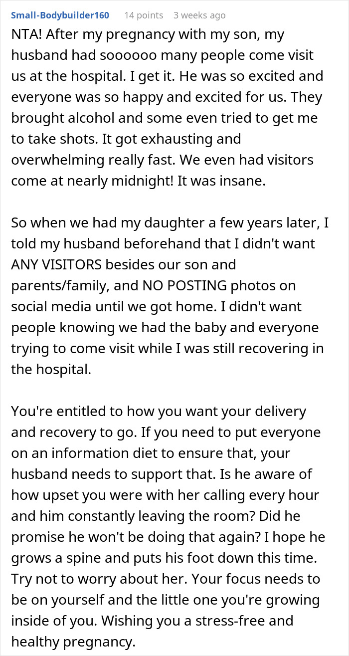 Text post discussing pregnancy privacy, focusing on managing overbearing family dynamics for a stress-free experience.