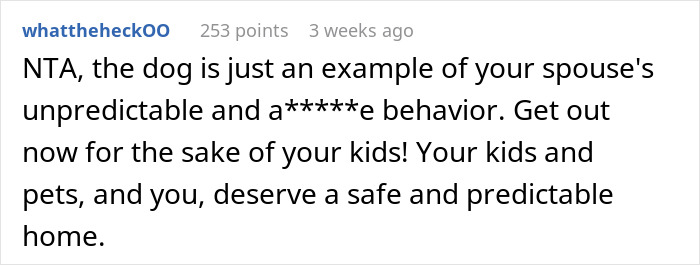 Comment discussing a spouse's behavior related to choosing between a dog and maintaining a safe home environment.