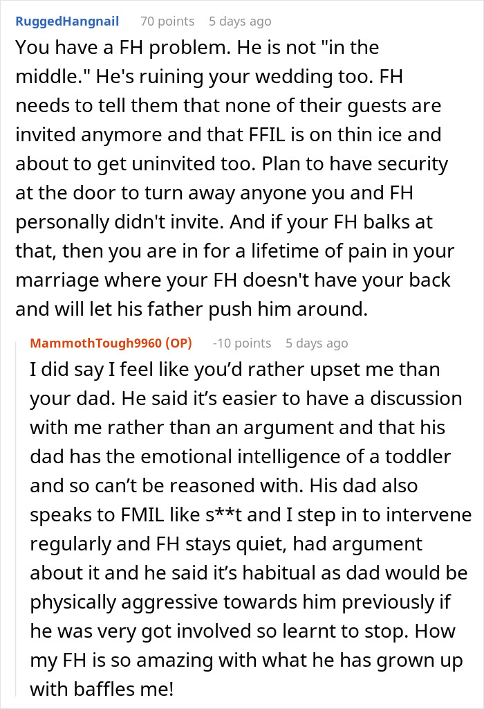 Text exchange discussing wedding issues caused by future father-in-law inviting extra guests.