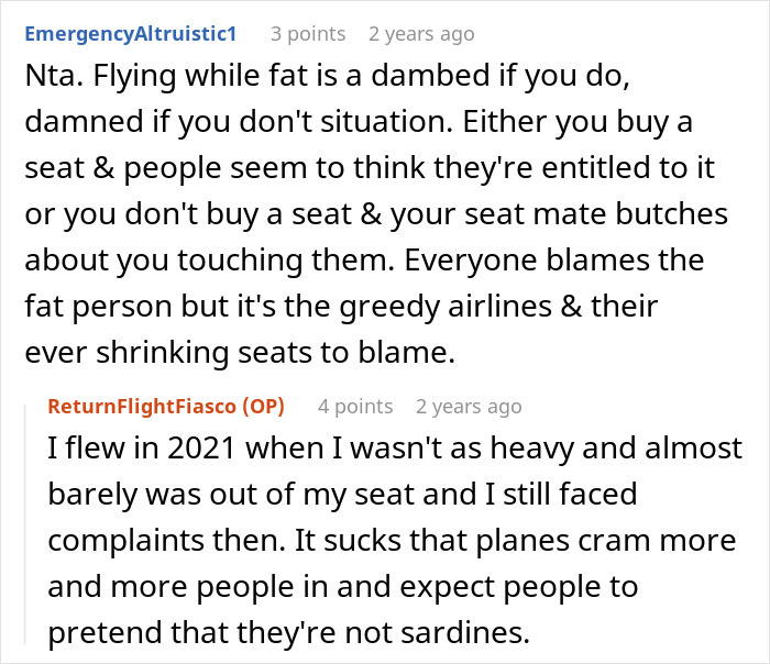 Reddit users discuss booking two plane seats due to fitting issues and reactions from fellow passengers.