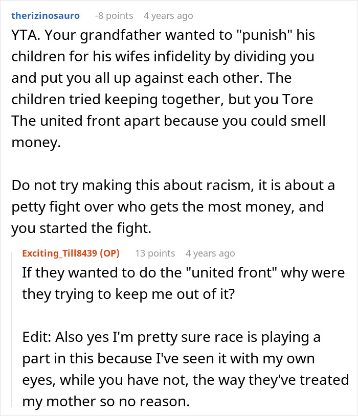 Reddit comments discussing a grandfather's petty and divisive will, highlighting family conflicts. Reddit comments discussing a grandfather's petty and divisive will, highlighting family conflicts.