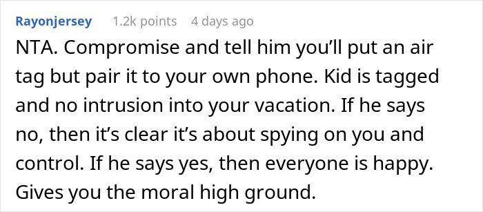 Screenshot of a Reddit comment discussing using an AirTag to track an 8YO son during a Europe trip.