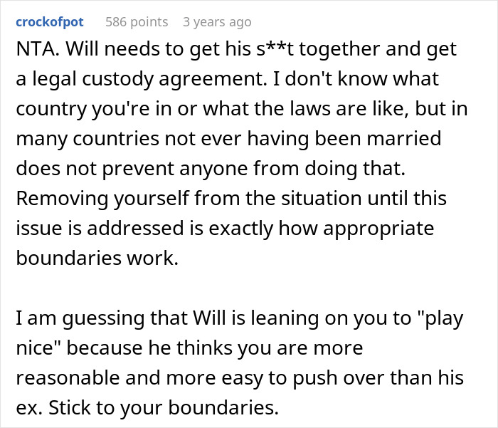 Reddit comment discussing custody issues and boundaries, related to a man's ex and dating challenges.