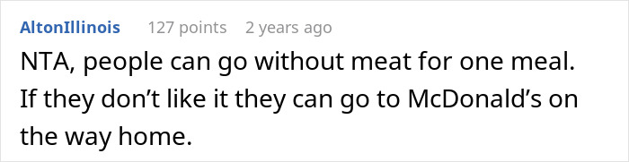 Reddit comment discussing not offering meat at a wedding, suggesting guests can eat elsewhere. Reddit comment discussing not offering meat at a wedding, suggesting guests can eat elsewhere.