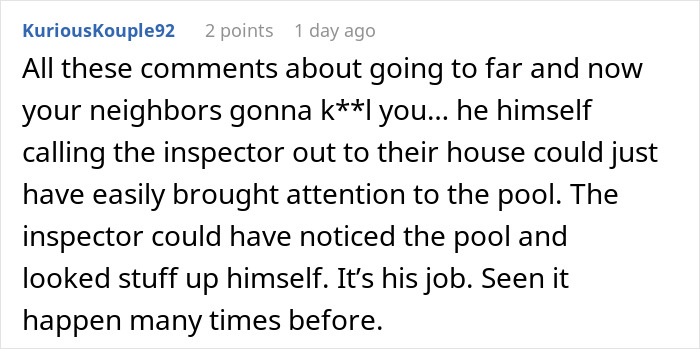 Comment discussing a neighbor's complaint over an illegal shed, mentioning a pool inspection.