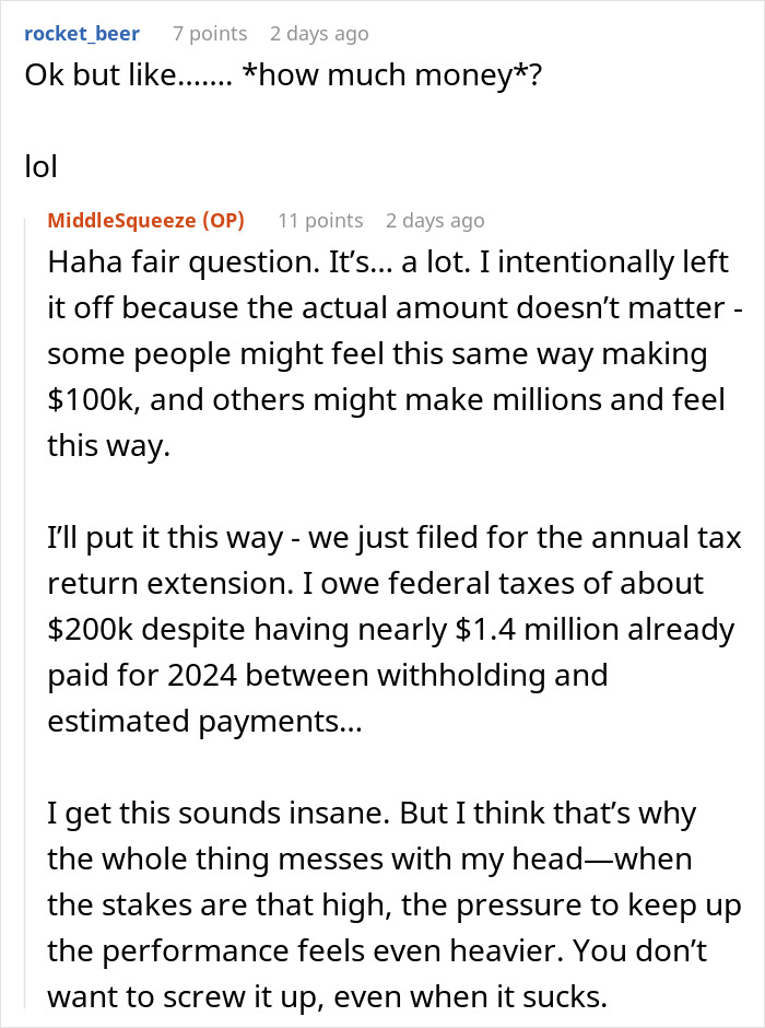 Discussion about making millions at work, tax implications and personal feelings shared in comments section.