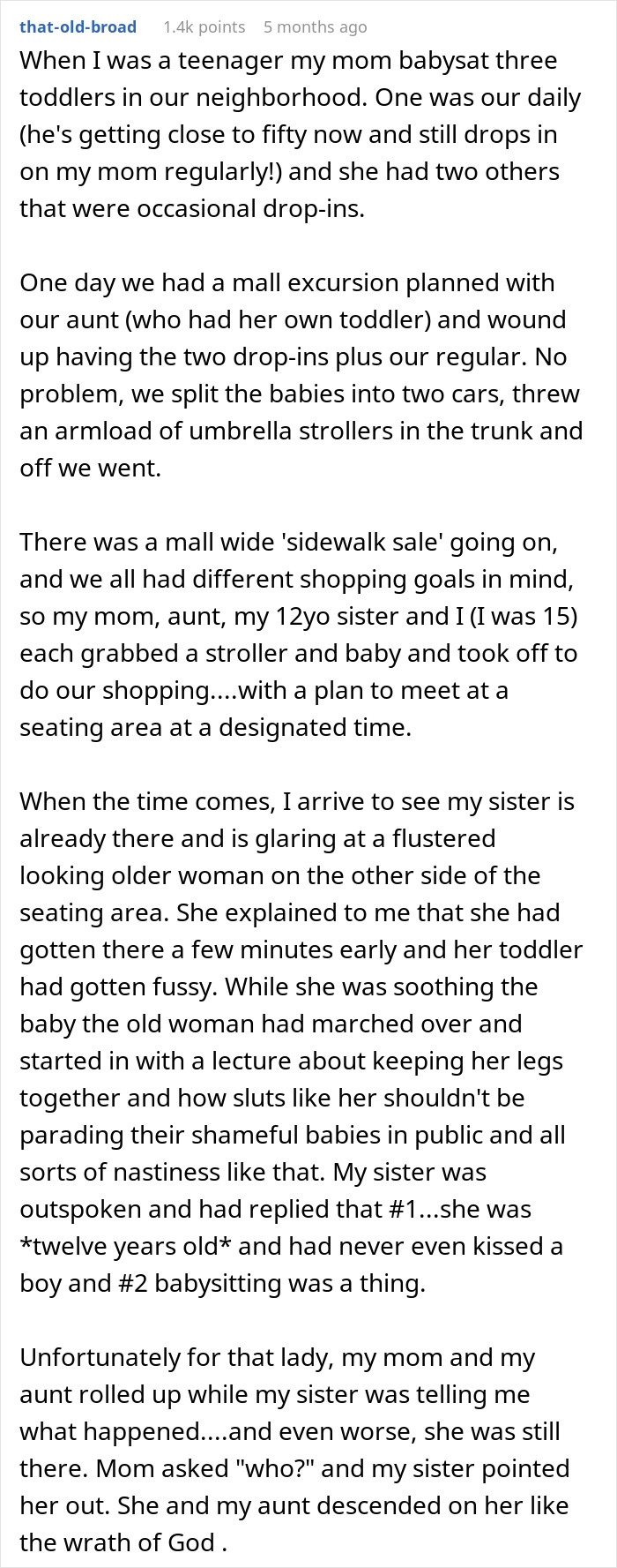 Text about mistaken "teen pregnancy" confrontation in a mall involving an older woman and a young babysitter. Text about mistaken "teen pregnancy" confrontation in a mall involving an older woman and a young babysitter.