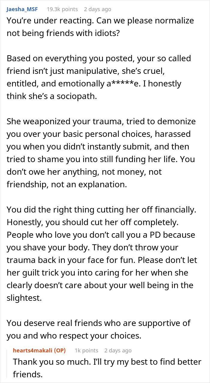 Reddit comment discussing accusations affecting friendship due to hygiene practices, with supportive replies.