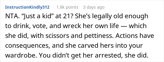 Reddit comment discussing consequences of a sister destroying clothes, questioning if the sibling action was justified.