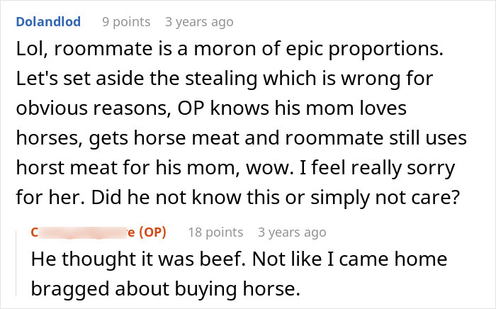 Text exchange about roommate who mistakenly used horse meat, thinking it was beef, for a meal.