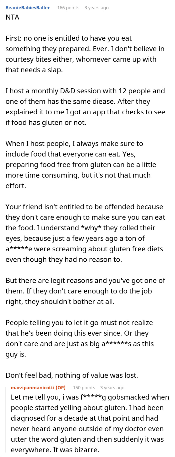 Reddit comment discussing gluten-free meal etiquette and dietary needs.