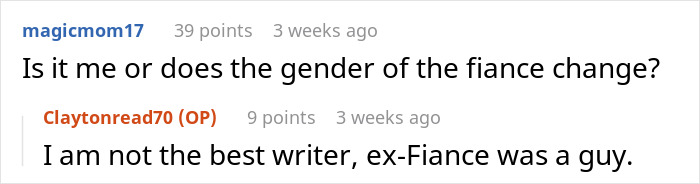 Reddit comments discussing the gender of an ex-fiancé, related to a story about hacking and romance issues. Reddit comments discussing the gender of an ex-fiancé, related to a story about hacking and romance issues.