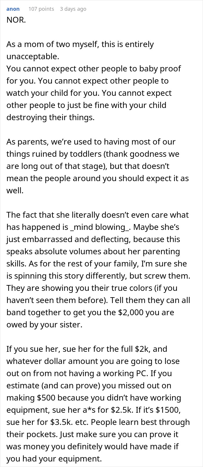 Text about woman's regret after $2,000 damages from sister and nephew, leading to family drama.