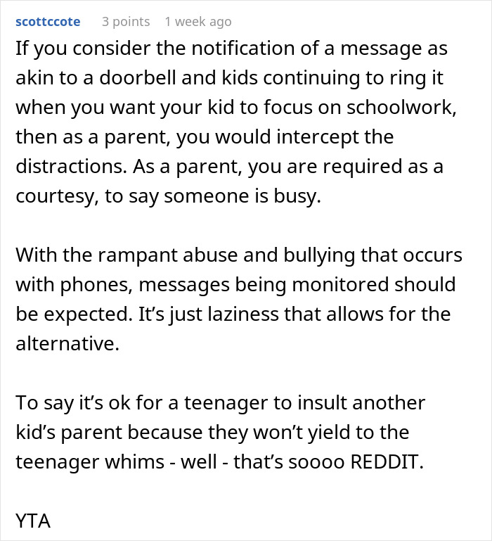 Reddit comment discussing parenting, phones, and teenagers' behavior towards adults being criticized. Reddit comment discussing parenting, phones, and teenagers' behavior towards adults being criticized.