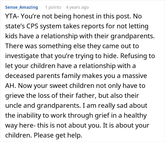 Reddit comment criticizing a woman, discussing children and CPS involvement, expressing concern over family relationships.