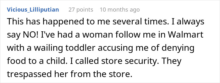 Comment about man asking stranger to pay for groceries and a woman with toddler causing a scene at Walmart.