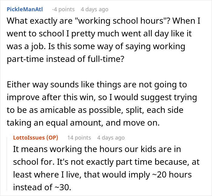 Reddit discussion about splitting lottery winnings and working school hours.