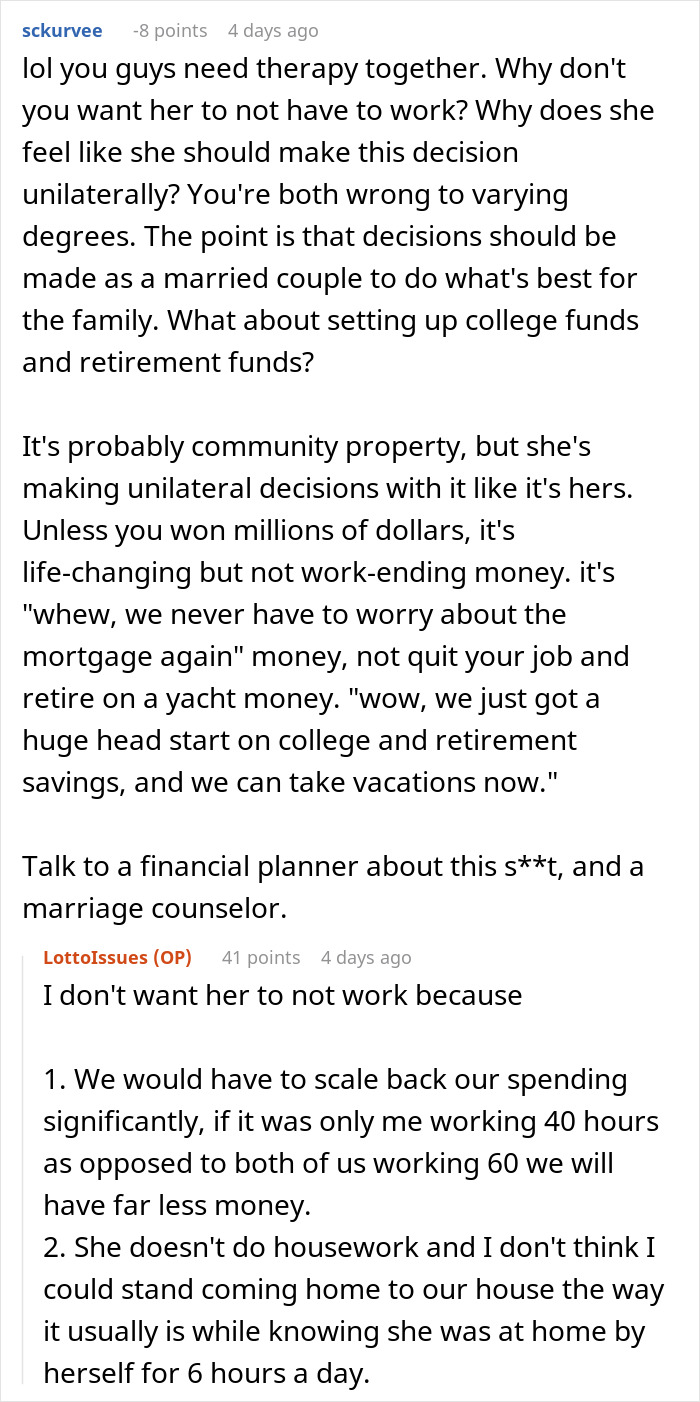 Reddit discussion on sharing lotto winnings and marital decisions.