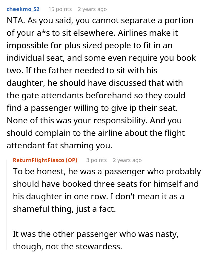 Comments discussing issues faced by a woman booking two plane seats for comfort.